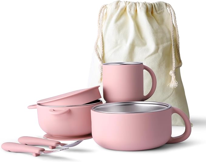 Bakpoco Kids Dinnerware Set - 6 Piese Toddler Plates and Suction Bowls Set with Kids Utensils&Cup, 2 IN 1 Stainless Steel & Silicone Baby Self Feeding Supplies, Blush
