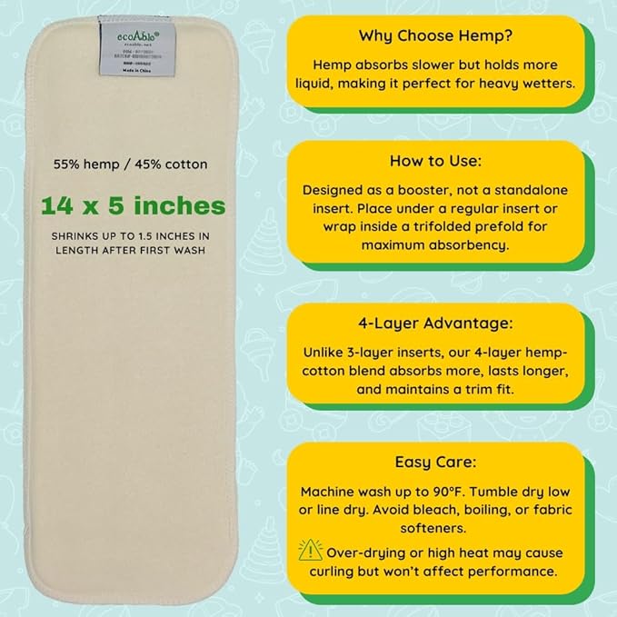 EcoAble 4-Layer Hemp Diaper Inserts – Overnight Boosters for Heavy Wetters – Reusable Absorbency Doublers – Fits Pocket, Cotton Prefold & Cover – Washable Natural Fiber Liners (Pack of 12)