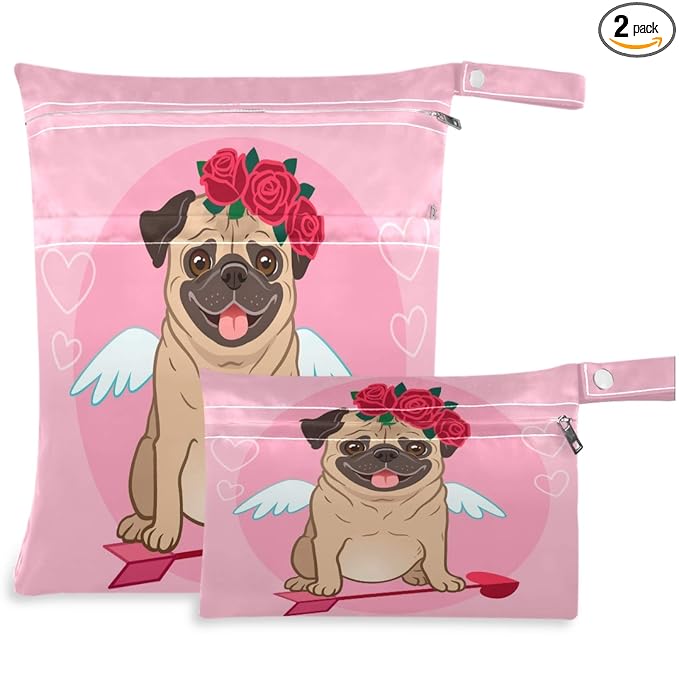 visesunny Valentines Bulldog Angle With Rose Heart 2Pcs Wet Bag with Zippered Pockets Washable Reusable Roomy for Travel,Beach,Pool,Daycare,Stroller,Diapers,Dirty Gym Clothes, Wet Swimsuits, Toiletrie