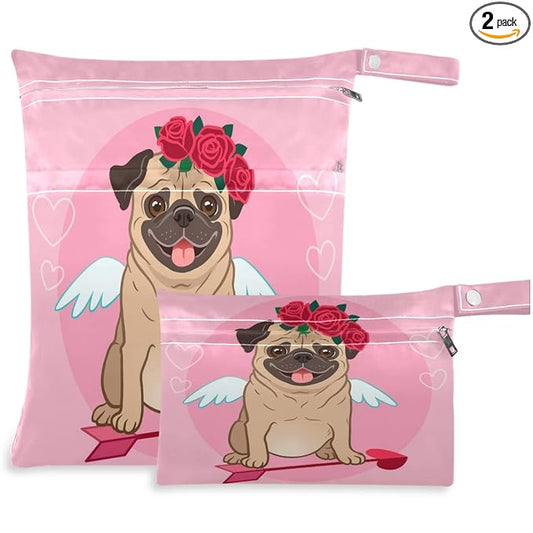 visesunny Valentines Bulldog Angle With Rose Heart 2Pcs Wet Bag with Zippered Pockets Washable Reusable Roomy for Travel,Beach,Pool,Daycare,Stroller,Diapers,Dirty Gym Clothes, Wet Swimsuits, Toiletrie