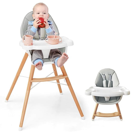 HONEY JOY Baby High Chair, Eat & Grow Beech Wooden Highchair for Babies and Toddlers, Removable Double-Layer Food Tray, 5-Point Harness, PU Cushion and Footrest for Infants Boys Girls (Gray)