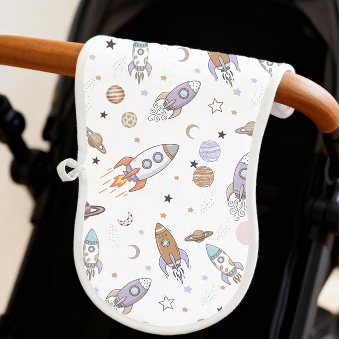 6 Pack Baby Burp Cloths for Boys Girls, Soft Cotton, Space Rocket Theme Design, Super Absorbent Baby Burping Cloths for Newborns, Machine Washable and Reusable Baby Spit-Up Cloths