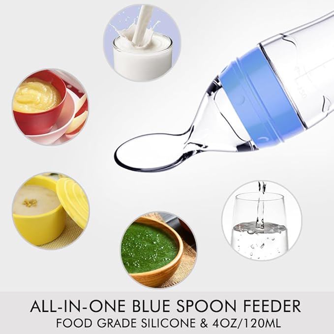 Matyz 2-Piece Silicone Baby Food Dispensing Spoon Set (Blue, 4oz/120ml) - Stand-Up Squeezable Bottle Feeder with Spoon - BPA Free, Silicone, 4+ Months