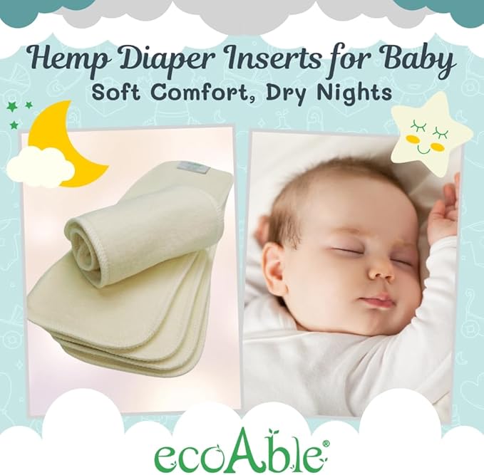 EcoAble 4-Layer Hemp Diaper Inserts – Overnight Boosters for Heavy Wetters – Reusable Absorbency Doublers – Fits Pocket, Cotton Prefold & Cover – Washable Natural Fiber Liners (Pack of 5)