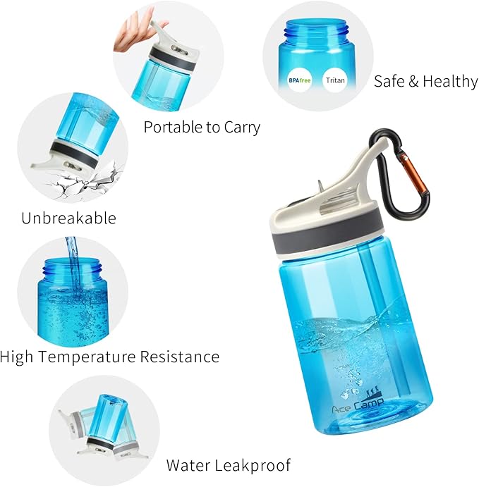 AceCamp 2 Pack-Kids Water Bottle with Straw for School Kids Boys Girls,12OZ Children Toddler Water Bottle Small with clip Tritan BPA Free for Backpack Outdoor Sports Travel Portable and Leakproof