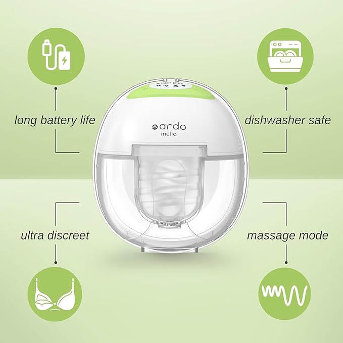 Ardo Melia Wearable, Hands-Free Breast Pump - Hospital Grade, Strong Suction, Long Battery Life, Ultra Discreet, Portable, Easy-to-Clean, 6 oz Capacity, Includes 24mm & 19mm Inserts