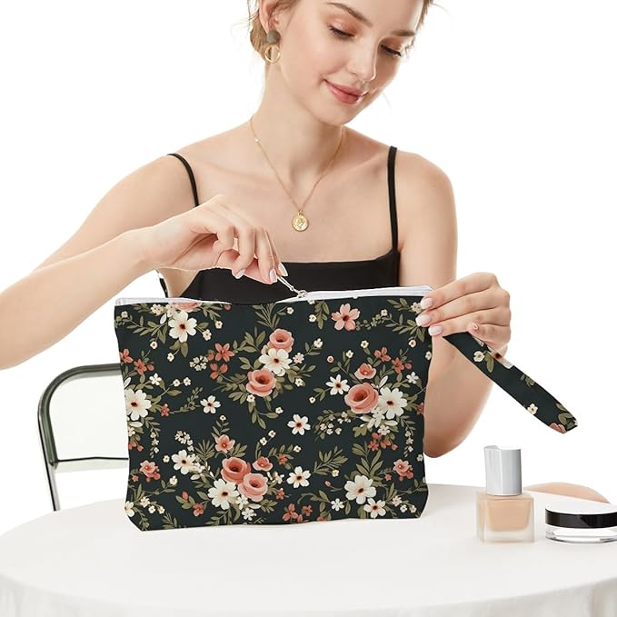 Fokongna Floral Print Wet Bag, Small Portable Waterproof Multi-Functional Organizer for Women, Black Background Pink Floral, Ideal for Daily, Beach & Travel