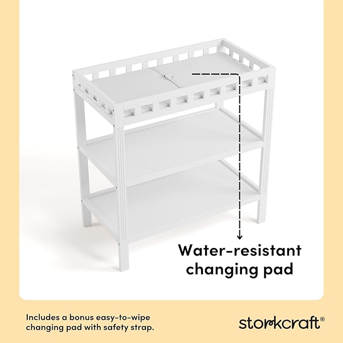 Storkcraft Morningside Changing Table (White) – GREENGUARD Gold Certified Baby Changing Table, Includes Waterproof Diaper Changing Pad, Easy 30-Minute Assembly, 2 Open Shelves for Storage