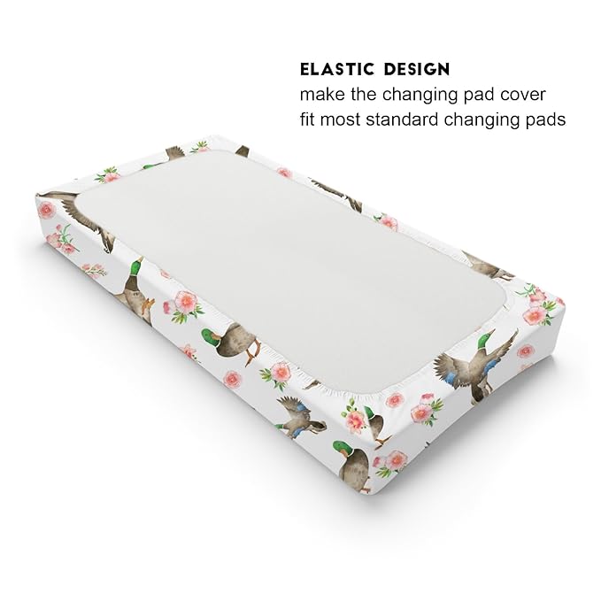 Hunting Wild Duck Boho Floral Baby Changing Pad Cover for Boy Girl 32''x16'' Mallard Duck Flowers Unisex Fitted Diaper Change Table Sheets Comfort Soft Breathable Nursery Changing Table Sheets Mats