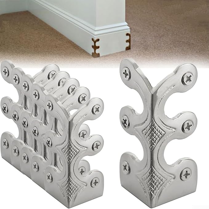 6Pcs Skiffers Baseboard Corner Protectors, Rustic Vintage Metal Corner Guard, Decorative Baseboard Shield, Brass Skirting Board Protection, Antique Bronze Furniture Edge Protector (Silver)