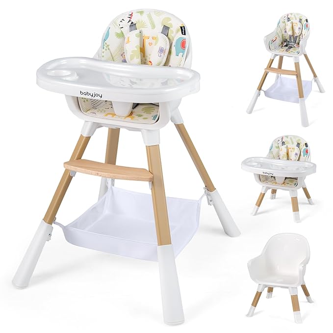 BABY JOY High Chair, 4-in-1 Convertible Highchair for Babies and Toddlers with Adjustable Legs, Double Removable Tray, Storage Basket, 5-Point Safety Harness & Waterproof PU Cushion, Easy to Clean