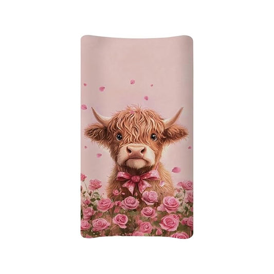 Valentines Day Changing Pad Cover Highland Cow Rose Flower Diaper Changing Mat Cover Sheets for Newborn Boys Soft Breathable Nursery Changing Table Sheets 32x16 Inch