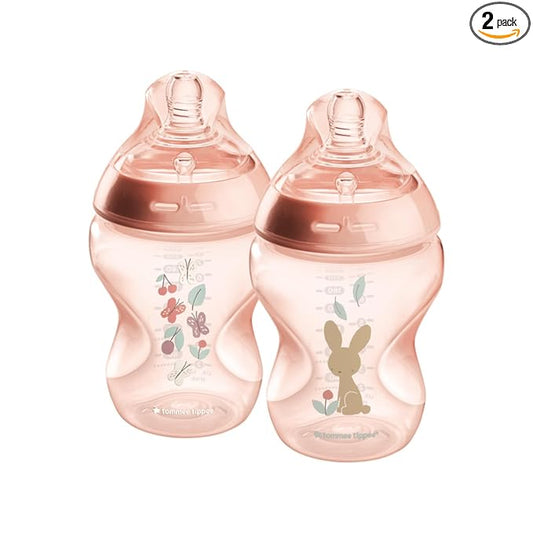 Tommee Tippee Natural Start Anti-Colic 9 oz BPA Free Baby Bottles, 0+ Months, Slow Flow Breast-Like Nipple, Self Sterilizing, Designed for Seamless Transition Between Bottle & Breast, Pink, Pack of 2