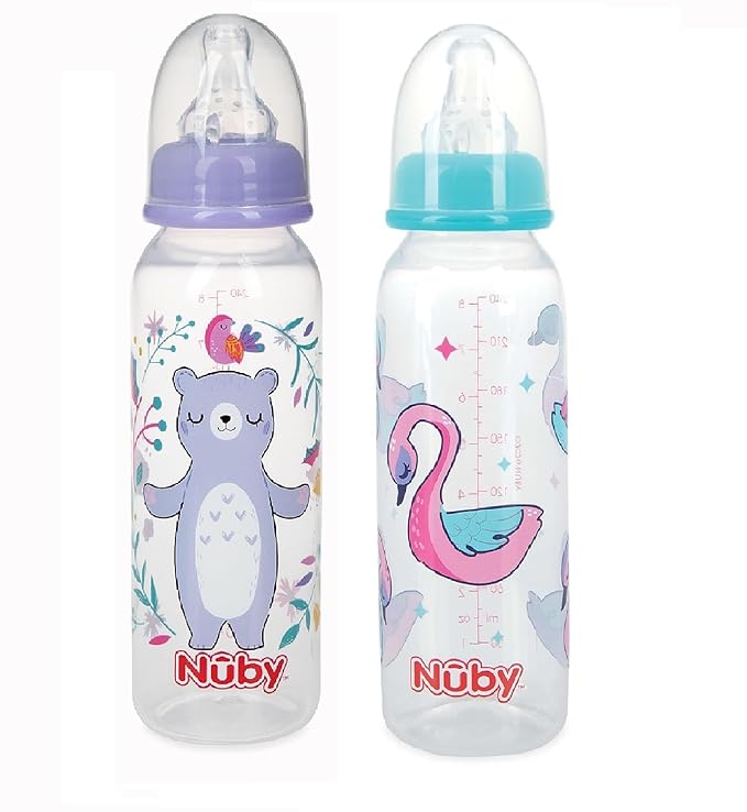 Nuby Printed Non Drip Standard Bottle, Colors May Vary, 2 Count