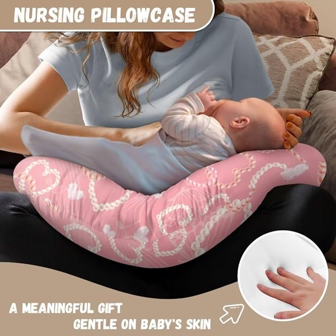 Nursing Pillow Cover, Pink Love Breastfeeding Pillows Covers, Snug Fits Nursing Pillow Slipcovers for Boys Girls, Soft and Stretchy