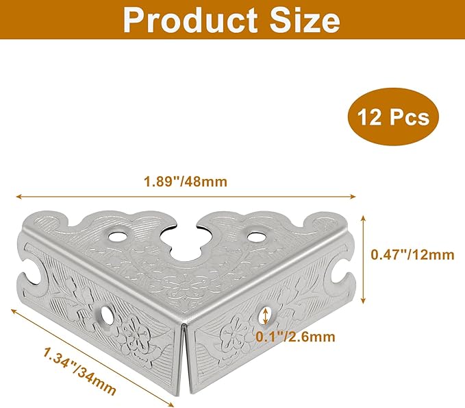 Bivethoi 12 Pack 1.34" x 1.34" Decorative Corner Protectors, Retro Style Edge Safety Guards Silver Covers, Vintage Metal Edge Cover for Furniture/Table/Jewelry Box