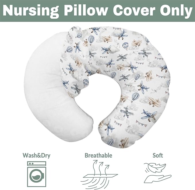 Vintage Planes Airplanes Helicopters Nursing Pillow Covers for Boy Girl Hot Air Balloon Plane Clouds Sky Nursing Slipcovers for Breastfeeding Pillows Aircraft Soft Stretchy Covers for Newborn Infant