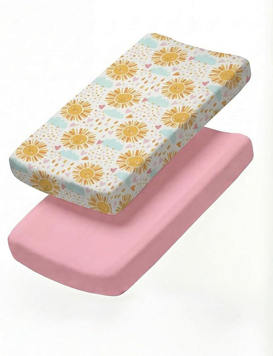 Changing Pad Cover - Pack of 2 Soft Unisex Diaper Change Microfiber Table Sheets - Fits 32"x16" Contoured Pad - Changing Pad Cover for Baby Boys & Girls - Snug, Machine Washable - Oeko-Tex, Sunny Drop