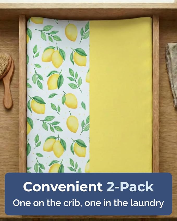 Changing Pad Cover - Pack of 2 Soft Unisex Diaper Change Microfiber Table Sheets - Fits 32"x16" Contoured Pad - Changing Pad Cover for Baby Boys and Girls - Snug, Machine Washable - Oeko-Tex, Lemons
