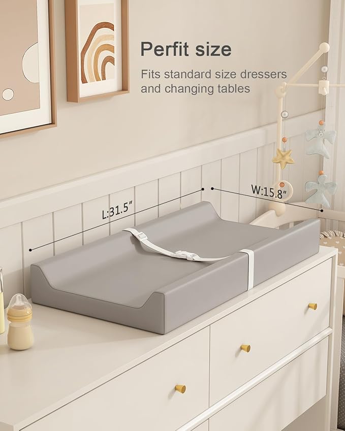 YACODAVO Wipeable Baby Changing Pad for Dresser and Table, Cozy Diaper Changing Pad with Waterproof & Wipe-Clean Leather Cover, Grey