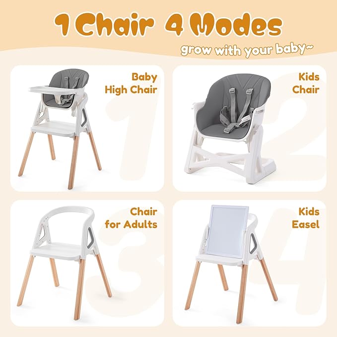 Baby High Chair, 4 in 1 Wooden Convertible High Chair for Babies and Toddlers with Erase Board, Highchair for Baby & Toddler, 5-Point Safety Belt & Waterproof PU Cushion (Grey)