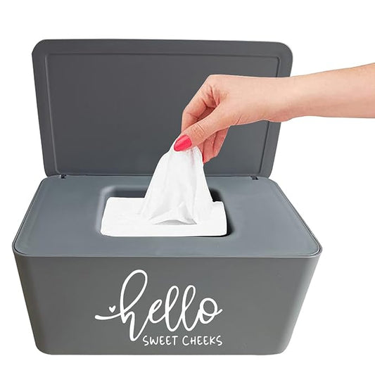 Moorfowl Hello Sweet Cheeks Flushable Wipes Dispenser, 8.2L x 4.9W x 3.9H inches, Bathroom Wipes Container Holder Cute Funny Rustic Farmhouse Home Decor (Grey)