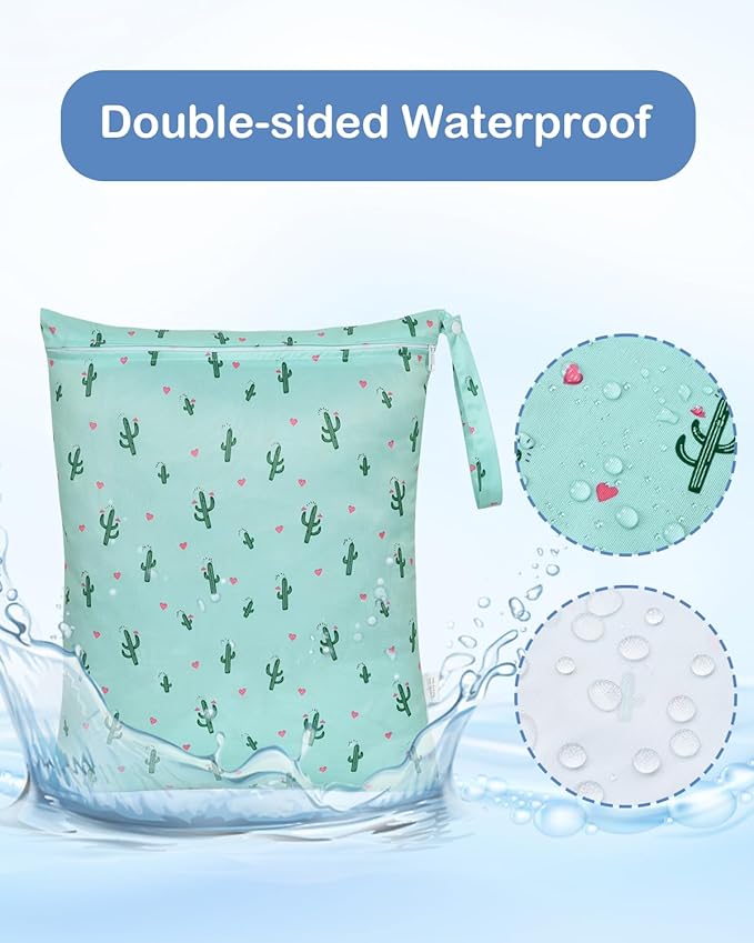 OTraki 2Pcs Waterproof Wet Dry Bags 16x20 inch Wet Bag for Baby, Swimsuit, Cloth Diaper, Daycare With Zippered & Handle Wet Clothes Storage Bag Drying Do Not Exceed 176℉ (Animal & Cactus Pattern)