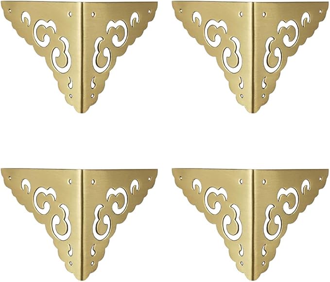 4Pcs Antique Brass Hollow Cloud Pattern Two Sides Corner Protectors Vintage Furniture Desk Edge Wooden Jewelry Gift Box Cabinet Corner Guard (Gold)