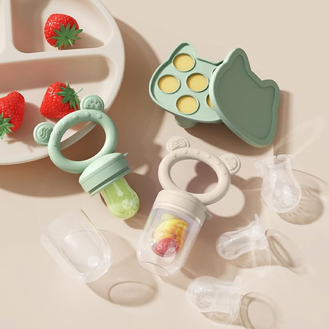 Baby Breastmilk Popsicle Molds & Baby Fruit Feeder (4 Pack), Infant Food Freezer Tray Storage Containers, Silicone Teething Pacifier Feeder and Teether for Babies,Boys and Girls-Beige&Green
