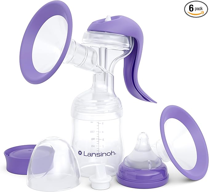 Lansinoh Manual Breast Pump, Hand Pump with Comfortable Flange, Includes 5oz Baby Bottle with Slow Flow Nipple, Breastfeeding Essentials (Pack of 6)