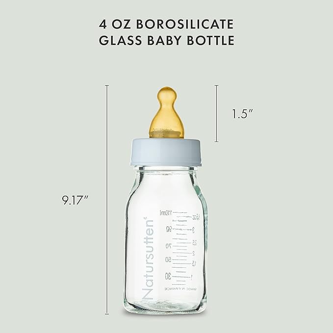 Natursutten Anti-Colic Glass Baby Bottle 2-Pack - 4 Ounce Bottles for Breastfeeding Babies - Newborn Bottles Set: Natural Rubber Slow-Flow Bottle Nipples, Seals, Valves, Baby Bottle Caps