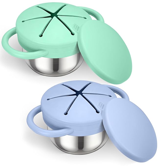 Palksky Toddler Snack Cups Stainless Steel for Kids, 2Pack 3-in-1 Snackle Containers with Spill-Proof Silicone Lids,Handles, Metal Baby Snack Box No-Spill for On-The-Go, Travel - Green and Blue