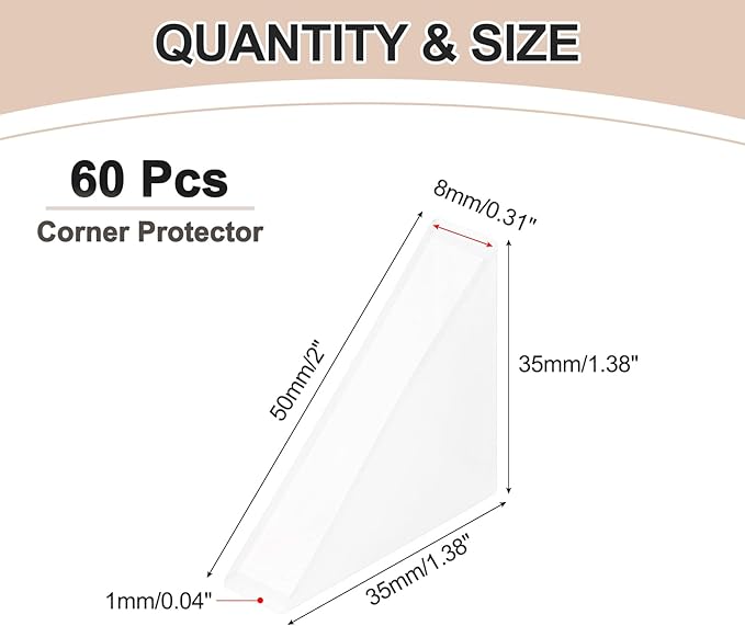 uxcell 60Pcs Triangle Glass Corner Protector, 0.31 x 1.38 Inch Plastic Glass Table Corner Protector Transport Corner Guard for Glass, Ceramics, Wood, and Steel(Right Angle, Clear)