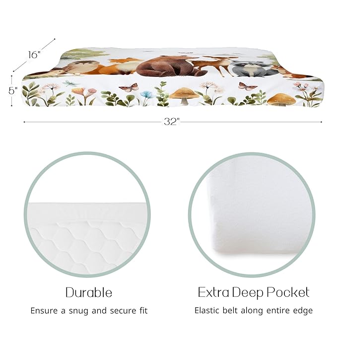 HawSkgFub Animal Friends Changing Pad Cover for Baby Girl Boy, Natural Forest Deer Bear Fox Owl Diaper Change Table Covers, Soft Stretchy Safe Snug Fitted Changing Mat Sheet Fit 32"/34" x 16"