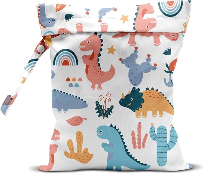 Wet Bag for Baby Swimsuit Kids Wet Dry Bag for Breast Pump Parts Diaper Bag Toiletries Daycare Organizer Beach Vacation Essentials Colorful Dinosaur Waterproof Travel Laundry Bags