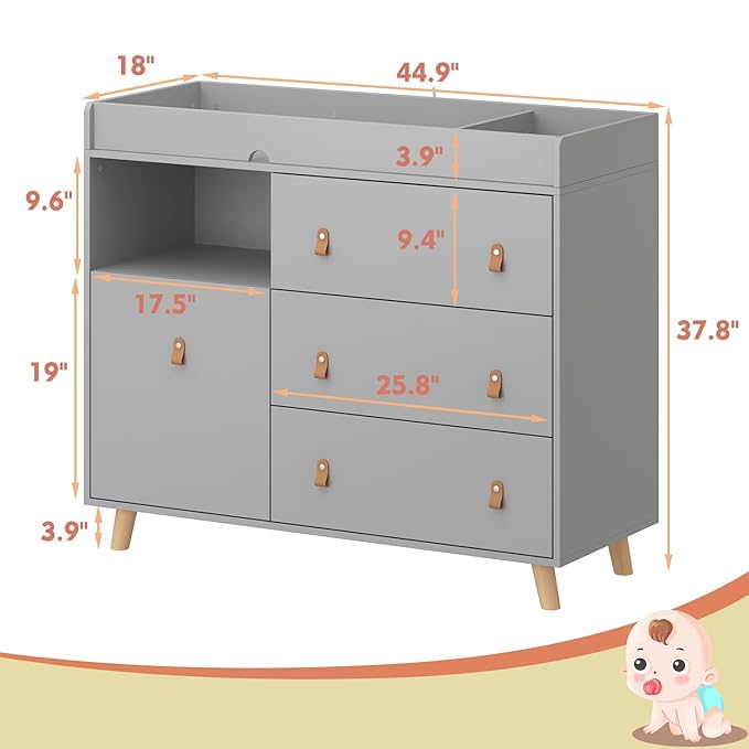 Changing Table Dresser, Baby Nursery Dresser with 3 Drawers and Shelf, Top Guardrail and Large Storage Cabinet, Hidden Trash Storage, Baby Changing Dressers for Nursery Room, Gray