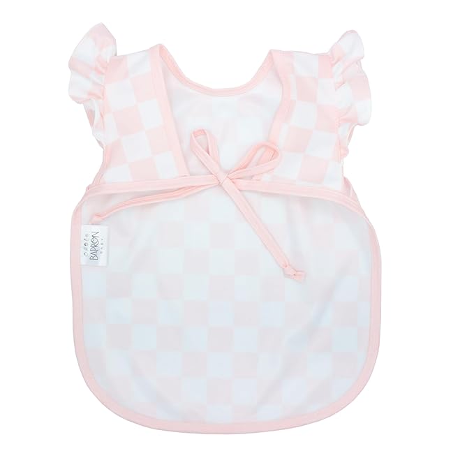 BapronBaby Pink Flutter Checkerboard Bapron - No Neck Tie Safer Bib for Baby & Toddler - Soft Waterproof Stain Resistant - Machine Washable - Sz Baby/Toddler 6m-3T