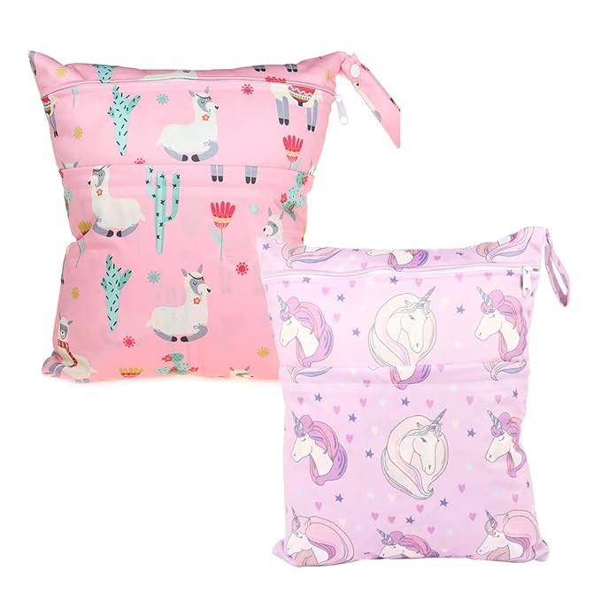 2 Wet Bags With Two Zippered Pockets Reusable Diaper Nappy For Girls (Pink Horse)