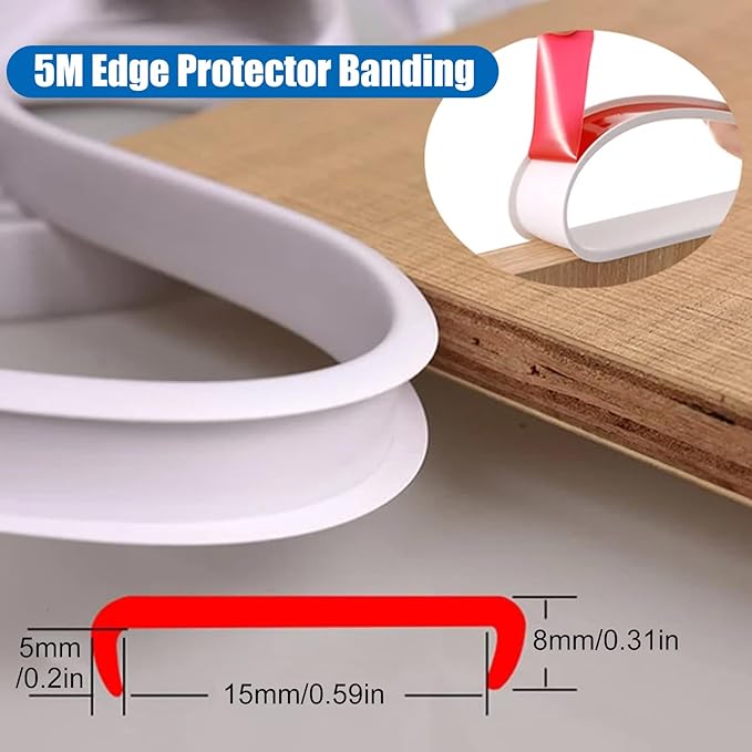 16.4ft U-Shape Edge Banding, TPE Self Adhesive Veneer Edging Flexible Furniture Edge Trim Protector for Furniture Countertop Table Sheet Metal (15mm, White)