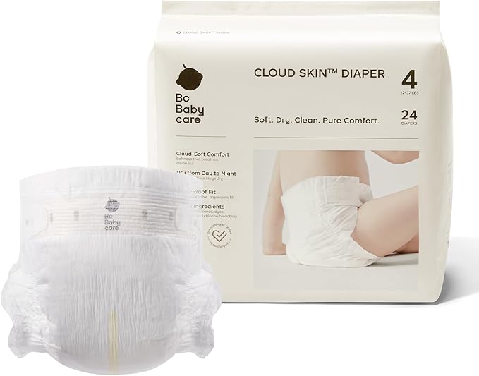 Bc Babycare Cloud Skin Baby Diapers, Size 4 (22-37 lbs), 24Count – Ultra Soft & Dry, Leak-Proof Overnight Comfort, Hypoallergenic, Totally Chlorine-Free