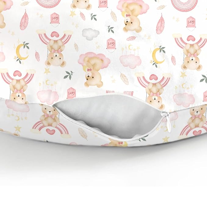 Watercolor Bear Rainbow Pink Baby Nursing Pillow Covers for Girl Boy Cute Bears Moon Stars Clouds Nursery Slipcovers for Breastfeeding Pillows Pastel Animal Soft Stretchy Cover for Newborn Infant