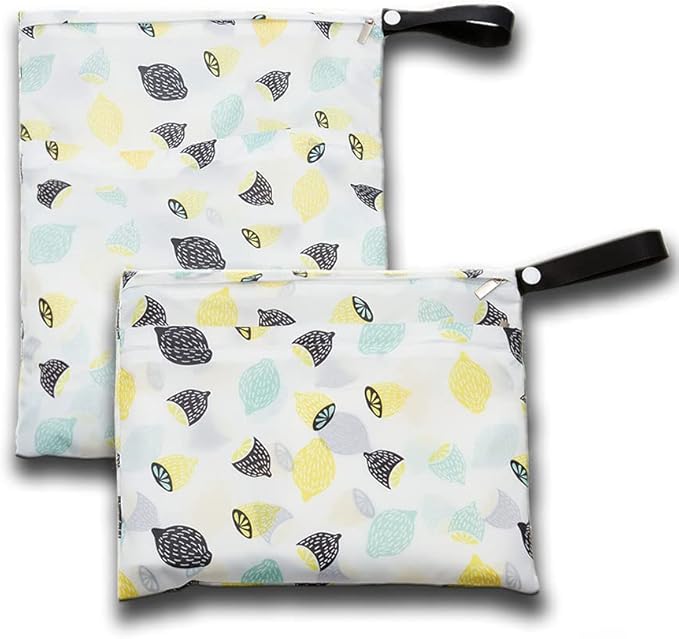 Waterproof Cloth Diaper Wet Dry Bags, Reusable Hanging Wet Bags with Two Smooth Zipper, Excellent 2-in-1 Wet/Dry bags for Storage, Travel, Picnic, (L+S Lemon)
