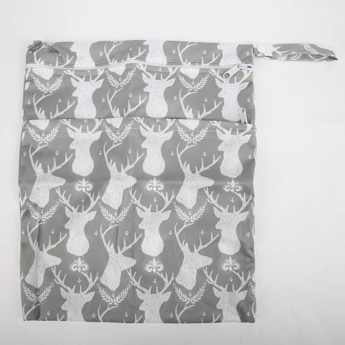2 Wet Bags Reusable Diaper Nappy Waterproof With Two Zippered Pockets (Gray Arrow and Deer Heads)