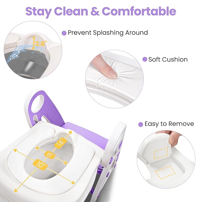 Potty Training Seat, Primlect Upgrade Ultra-Stable Toddler Toilet Seat for Kids Boys Girls, 2 in 1 Potty Training Toilet with Step Stool, Adjustable Seat and Ladder, Non-Slip Pad, Splash Guard(Purple