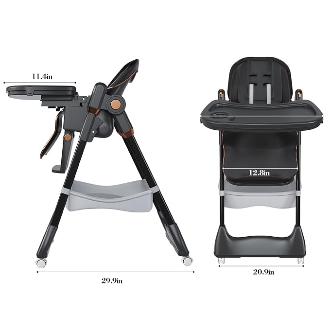 Portable High Chair, High Chairs for Babies and Toddlers, Adjustable Baby Chair, 5 Height & 3 Recline Adjustable Locking Wheels with Removable Double Tray and Safety Belt, Black