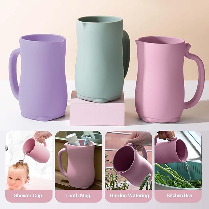 mandoo Baby Bath Rinse Cup - Food Grade Silicone - Shampoo & Body Washing Rinser Cup for Kids with Easy Grip Handle to Rinse Baby Shampoo and Soap - Baby Essentials（Purple+Brush