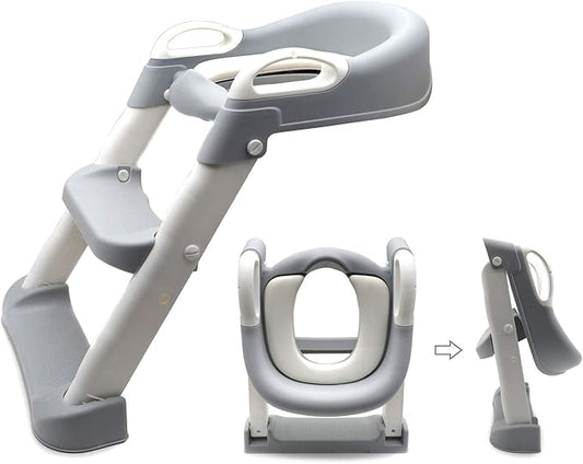 Classic Potty Training Toilet Ladder Seat With Upgraded Cushion Step Stool Ladder Toilet Trainer for Baby Toddler Kids Children In Gray [P/N: ET-BABY002-GRAY-C]