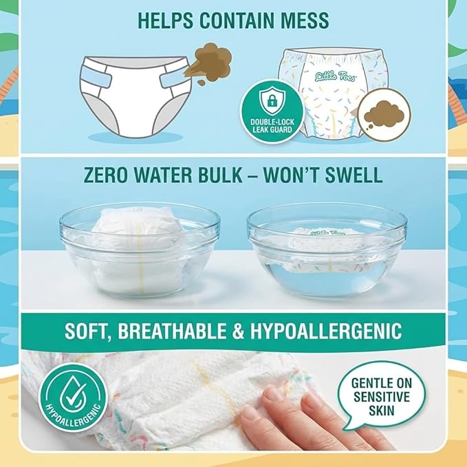 Little Toes Premium Natural Disposable Swim Diapers, Size 1–2 Small (13–20 lbs) (24 Count) | Baby Disposable Swim Diapers | Hypoallergenic, Chlorine & Fragrance-Free | Gentle on Sensitive Skin