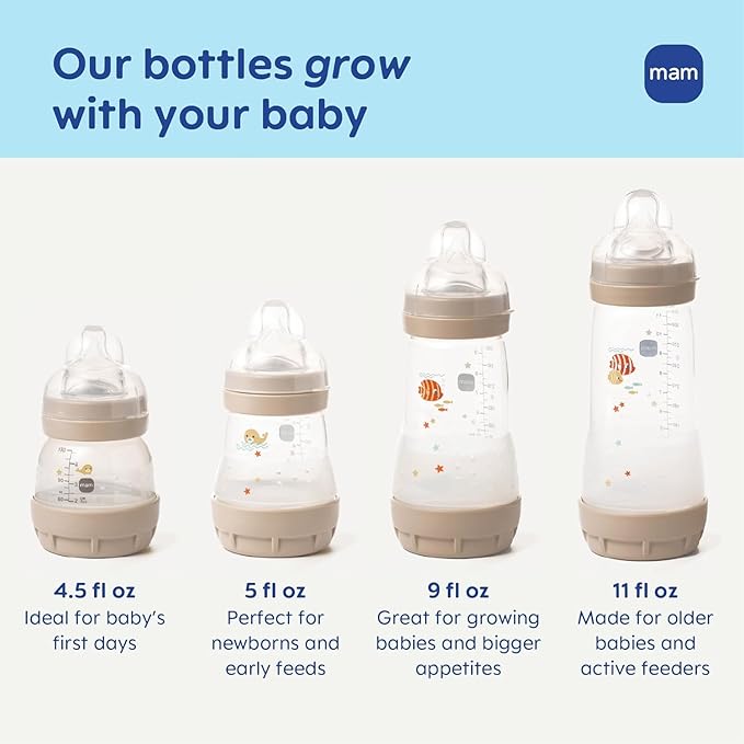 MAM 5oz Easy Start Anti-Colic Wide Neck Vented Baby Bottle, Slow Flow Breastfeeding-Like Nipple,Reduces Colic Gas & Reflux, Easy Clean, BPA Free,0+ Months, Made in Europe,Bonus Medium Flow Nipple