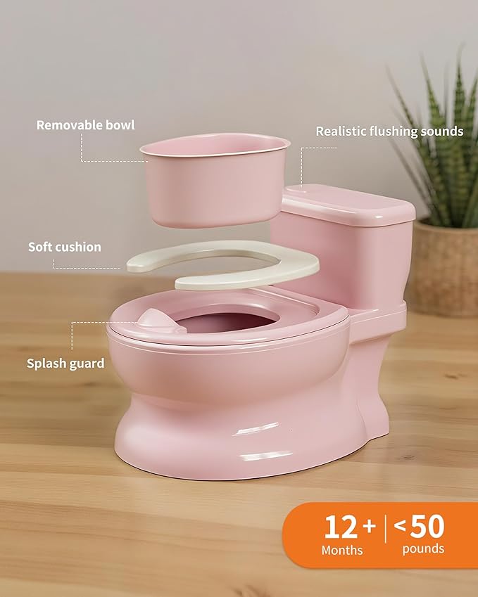 Realistic Potty Training Toilet - Flushing Sounds, Wipes Storage, Disposable Liners, Easy to Clean for Toddler Boys and Girls (Pink)